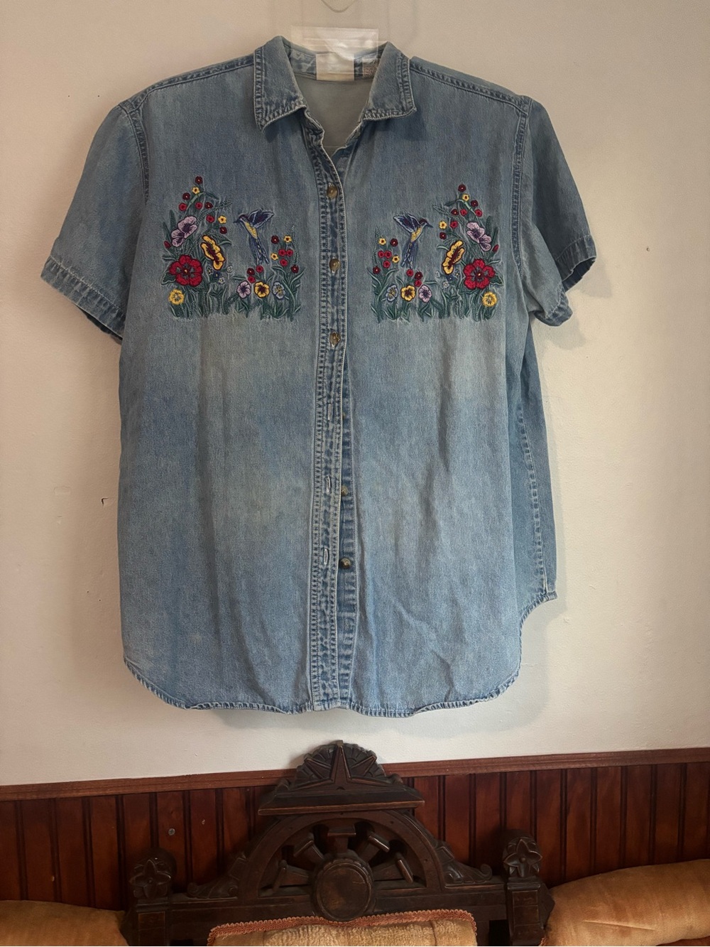 Denim Button-Front Short Sleeve Top with Floral Embroidery - Light Blue